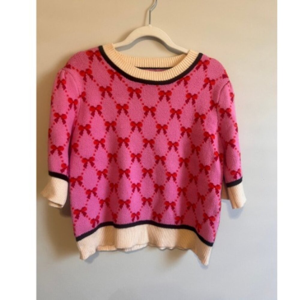 THML Pink Sweater with Red Bow Pattern and Cream Trim